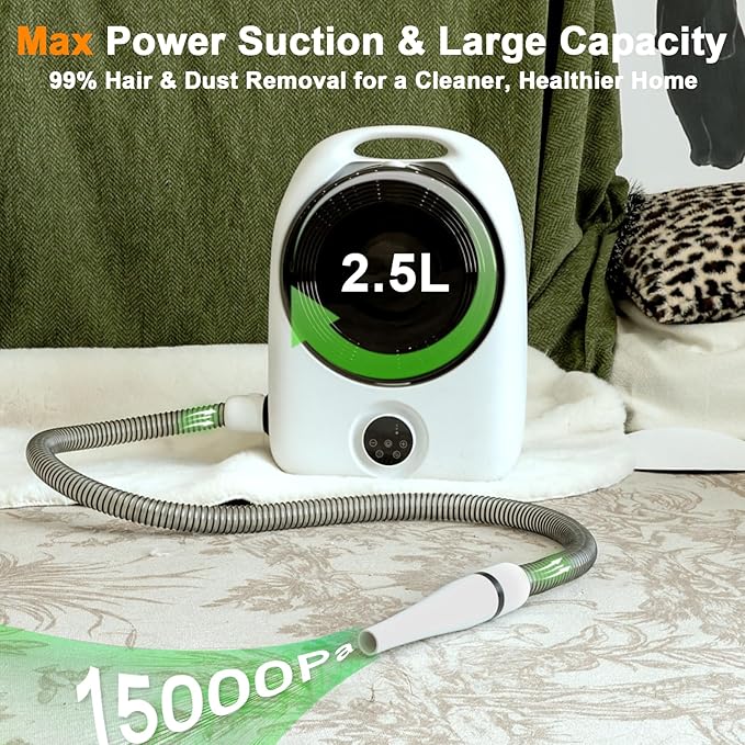 5-in-1 Dog Vacuum Grooming Kit, Low Noise Doggie Hair Blow Dryer, 2.5L Canister, Portable Pet Trimmers for Dogs, White