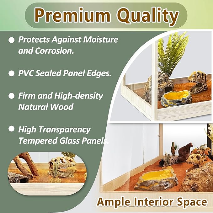 PROLEE Bearded Dragon Tank,81 Gallon Tempered Glass Reptile Tank with Mesh Roof and Front Sliding Door, Anti-Scratch Lizard Tank,Spacious Reptile Enclosure for Snakes,Lguanas, Chameleons(Oak)