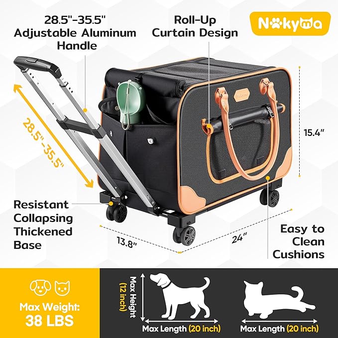 Large Cat Carrier with Wheels, Rolling Cat Carrier, 24"x 13.8"x 15.4" Pet Carrier with Wheels for Large Cats Small Dogs up to 38 LBS, Ideal for Travel, Walking and Camping(NOT for TSA)