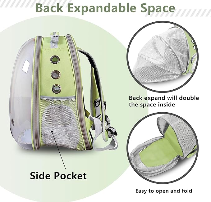Cat Backpack Carrier Bubble Expandable Foldable Breathable Pet Carrier Dog Carrier Backpack for Large Big Cats Hiking, Travelling, Camping (Back Expandable-LightGreen)