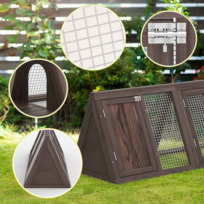 Rabbit Hutch, Small Chicken Coop Outdoor A-Frame Quail Cage with 2 Door & Run Cage Wooden Triangle Quail Hutch with Ventilating Wire Poultry Hutch for Small Animal (Brown)