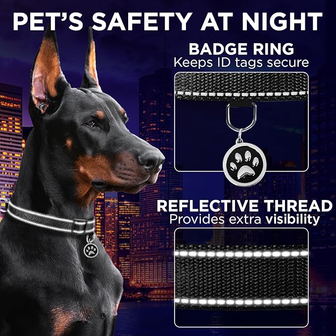 TECEUM Reflective Dog Collar β Black β L β Extra Soft Padding β Basic Nylon Pet Collar β Quick Release Buckle β Fits Small, Medium and Large Dogs, Puppies, Cats β ESA & Service Dog Options