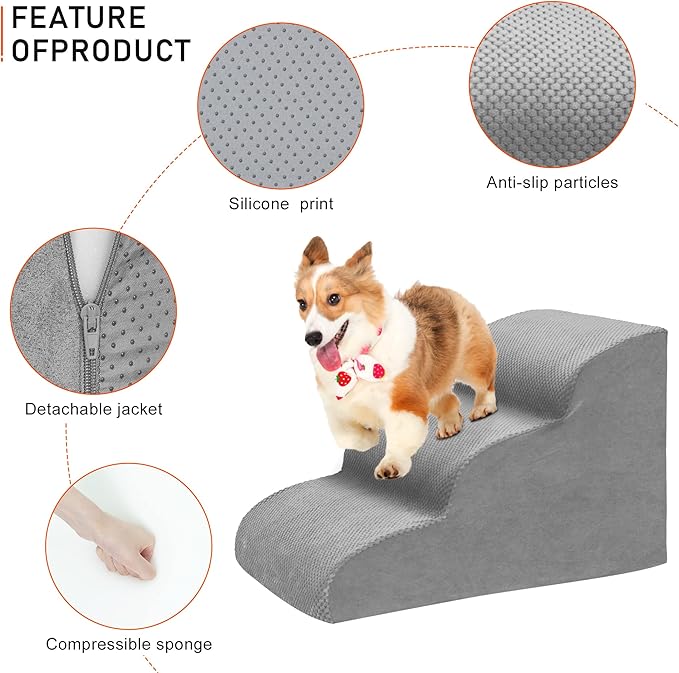 Dog Stairs for Small Dogs, 3 Tiers High Density Foam Dog Ramp, Extra Wide Non-Slip Pet Steps for High Beds Or Couch, Soft Foam Doggie Ladder for Dogs Injured, Older Pets, Small Cats