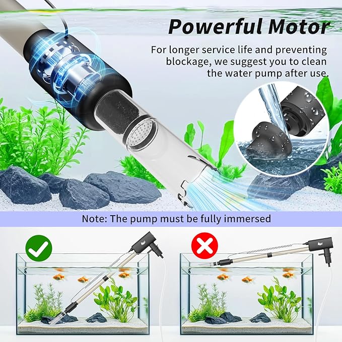 AQQA Aquarium Vacuum Gravel Cleaner 20W Electric Rechargeable Fish Tank Cleaner Tools for Automatic Water Changing, Debris Clean& Sand Washing, Strong Suction with 4-Speed Adjustable (20W, 480GPH)
