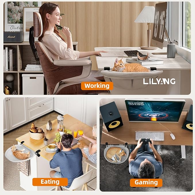 Lilyang Large Cat Desk Bed – Sunken Cat Hammock, 19.5"x15" Spacious Nest, Secure Bed with Dual Clamps & Steel Frame, Supports Up to 50 lbs, Reversible & Washable Bed Cover (X-Large, Mesh Cover)