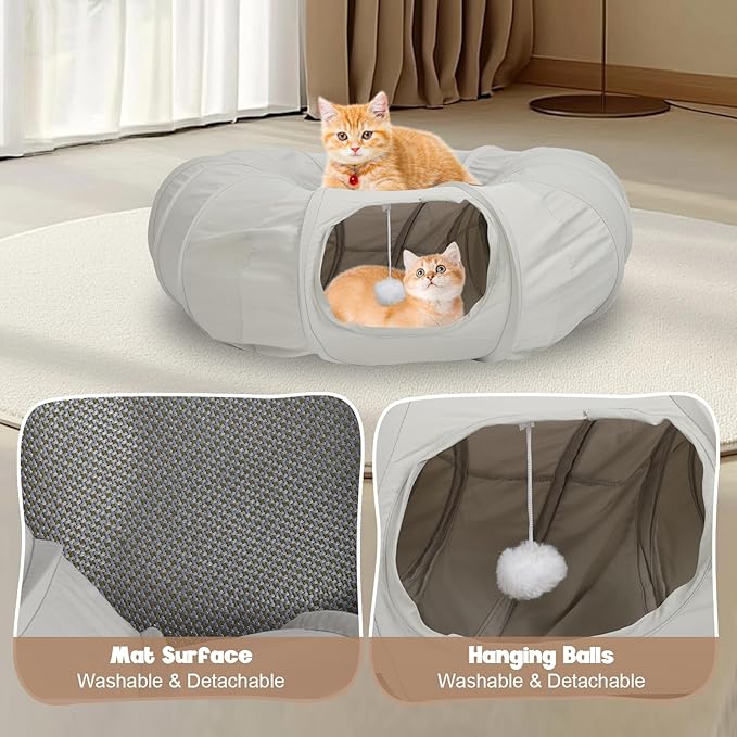 Foldable Cat Tunnel Bed for Indoor Cats, Soft Cave Cat Donut Playing Tunnels with Washable Circle Cushion, Detachable Round Pet Space Capsule Toy with Hanging Ball for Kitten Puppy Rabbit