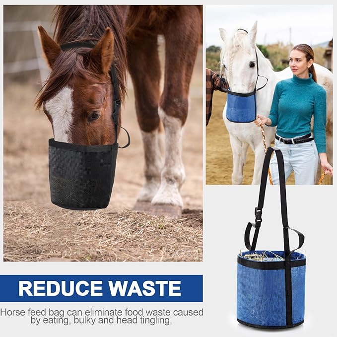 2 Pcs Horse Feed Bags for Grain Mesh Grain Feeder Bucket with Adjustable Strap and Waterproof Bottom for Feeding Fodder Powder Supplements(Black and Blue)