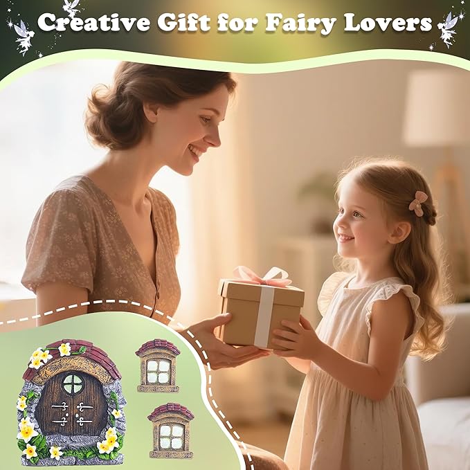 Attivolife Fairy Door and Window for Tree Glow in The Dark - Outdoor Miniature Fairy Garden Decor Weatherproof Resin Treehouse Yard Art Accessories Sculpture for Tree Trunks Fairy House Kit for Gnome