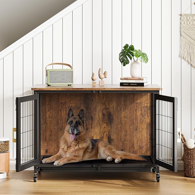 37.4" L Wooden Dog Crate Furniture for Small-Medium-Large Dogs, Escape-Proof Decorative Dog Crates for Anxious Dogs, Rustic Kennel with Lockable Wheels & Pull-Out Tray, Dog Kennel Indoor