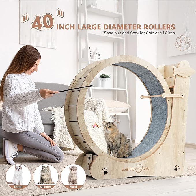 Cat Exercise Wheel, 40" Cat Running Wheels for Indoor Cats with with Locking Mechanism, Cats Treadmill Wheels with Scratching Board and Teaser Toy, Cat's Weight Loss and Health