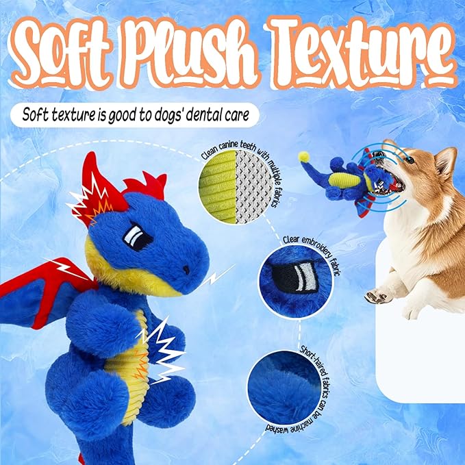 Original Blue Dinosaur Plush Dog Toy, Cute Dog Squeak Toys, Soft Stuffed Animals for Small Medium Large Dogs, Puppy Toys and Surprising Dog Birthday Gifts