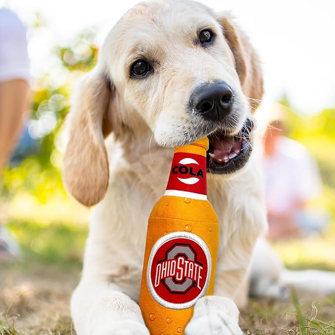 NCAA Ohio State Buckeyes Beer Bottle Plush Dog & CAT Squeak Toy- Cutest Stadium SODA Bottle Snack Plush Toy for Dogs & Cats with Inner Squeaker & Beautiful Football/Basketball Team Name/Logo