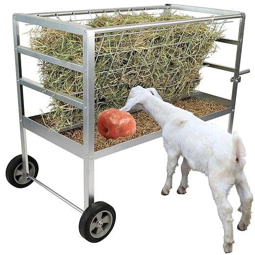 Solution4Patio Hay Feeder with Wheels, 2-in-1 Galvanized Steel Heavy-Duty Goat Feeder Cart, Large Capacity Rust-Proof Livestock Feeder for Sheep, Horses, Ponies, Easy to Clean
