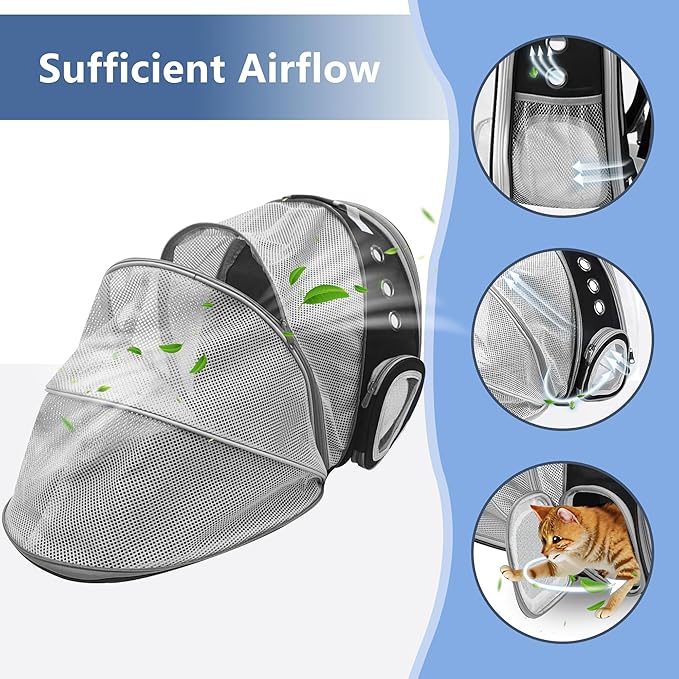 Cat Backpack Carrier Bubble Expandable Foldable Breathable Pet Carrier Dog Carrier Backpack for Large Big Cats Hiking, Travelling, Camping (Back Expandable-Black)