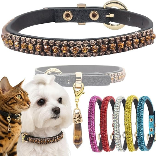 PEARLY JUN Rhinestone Dog Collars for Small Dogs Cat, XS Champagne Bling Diamond Cat Collar Cute Luxury Crystal Pet Puppy