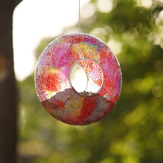 Topadorn Mosaic Bird Feeder - Hanging Circular Fly-Through Feeder for Wild Birds