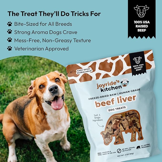 Joyride's Kitchen Freeze-Dried Beef Liver Dog Treats, Single Ingredient, All-Natural, Protein-Rich Dog Training Treats, Made in USA - Perfect for Picky Eaters, Supports Rescue Dogs, Pack of 3