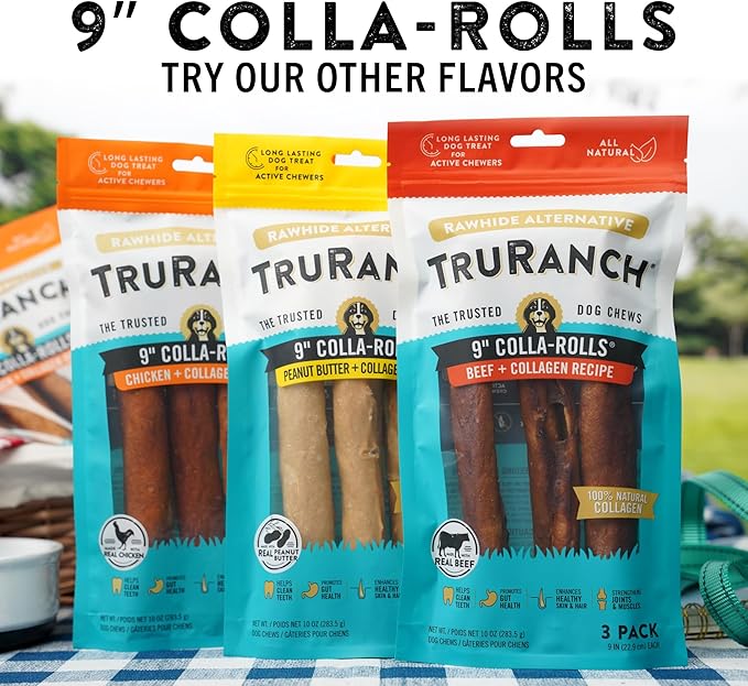 Collagen Rolls - 9" Collagen Rolls for Dogs - Long Lasting Healthy Joint Support - Rawhide Alternative - Skin & Coat Health - Made with Real Chicken, Value Pack, 3 Bags, 9 Count