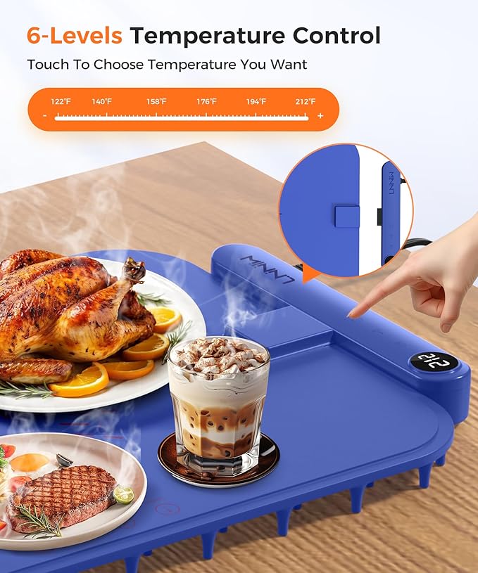 Waterproof Food Warming Mat, Color-Changing Electric Heating Tray with 6-Level Temperature Control, 1-6h Timers, Dishwasher-Friendly Food Warmer Mat for Parties, Buffets, and Kitchen Use.