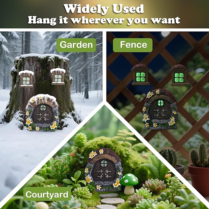 Attivolife Fairy Door and Window for Tree Glow in The Dark - Outdoor Miniature Fairy Garden Decor Weatherproof Resin Treehouse Yard Art Accessories Sculpture for Tree Trunks Fairy House Kit for Gnome