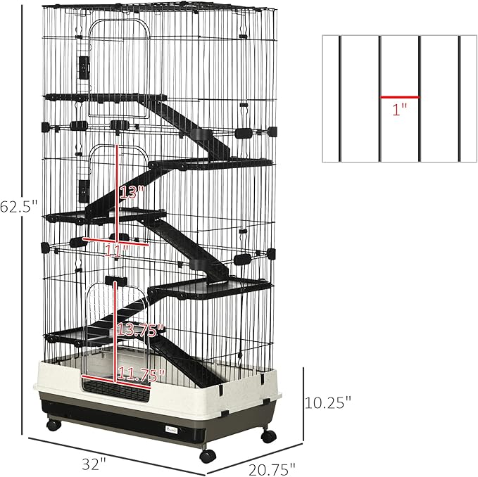 PawHut 6-Level Small Animal Cage Rabbit Hutch with Wheels, Removable Tray, Platform and Ramp for Bunny, Chinchillas, Ferret, Black