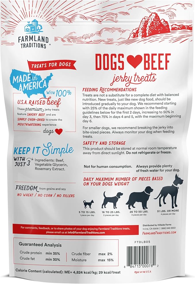 Farmland Traditions Dogs Love Beef Jerky Dog Treats with Only 4 Ingredients and No Fillers, 13.5 Ounce Bag