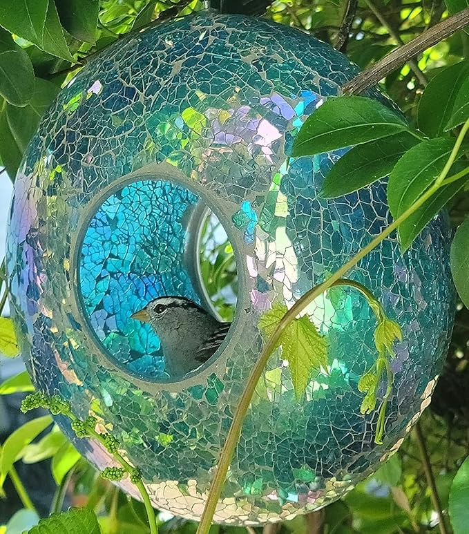 Topadorn Mosaic Bird Feeder Fly Through Hanging Birdfeeder for Wild Bird, 9-Inch Blue Bird Feeder for Gardens, Yards, Decks to Attract Wild Birds