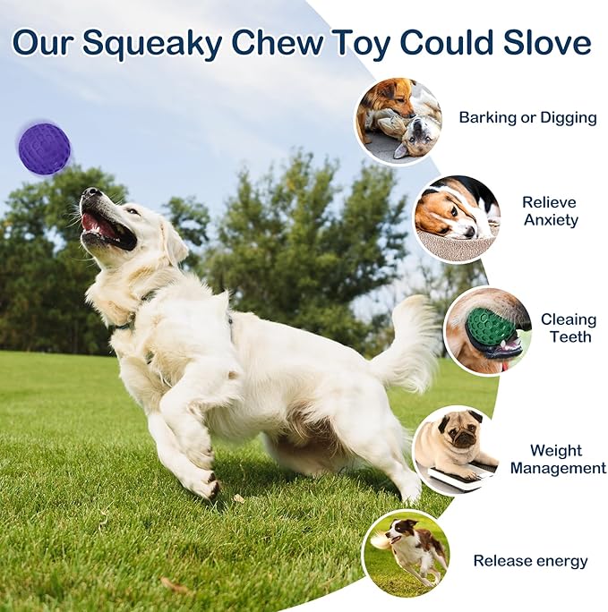 2 Pack Indestructible Squeaky Dog Balls for Aggressive Chewers, Durable Rubber Chew Toys for Teething, Anxiety Relief Perfect for Large, Medium Breeds, Indoor Outdoor Use