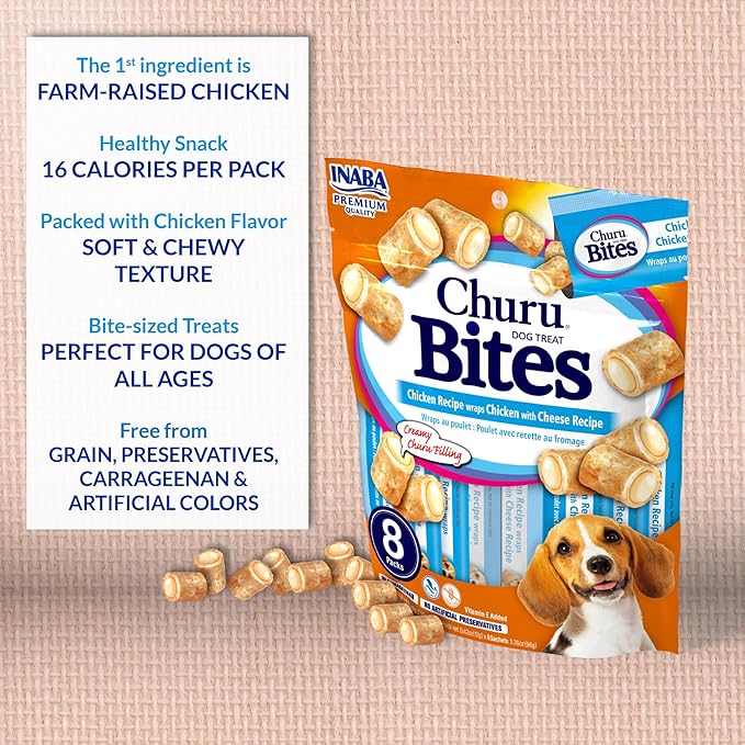 INABA Churu Bites for Dogs, Soft & Chewy Dog Treats, 0.42 Ounces Each Tube, 64 Tubes Total (8 Tubes per Pack), Chicken with Tuna Recipe