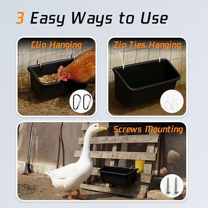 Hanging Chicken Feeder Troughs (4 Pack, 5 Qt) – Durable Black Plastic Poultry Feed & Water Buckets with Metal D‑Clips, Multi‑Animal Goat, Sheep, Duck, Pig, Horse, Chicken Coop Feeder