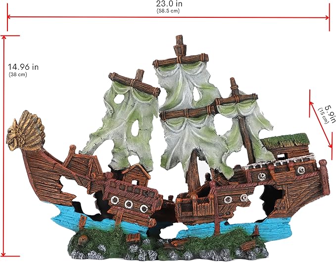 UNEAK - Large Shipwreck Aquarium Decorations Ornament w/Sail (2 Pieces) 20 Gallons high and Larger Fish Tank, Sunken Ship Decoration Ornaments, Pirate Boat, Resin, Freshwater Saltwater Decor