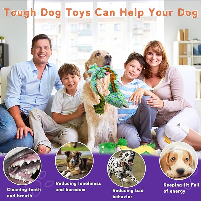 Crinkle Dog Toys Squeaky Plush No Stuffing Cute Puppy Stuffless Tough Rop Pull Toy, Fun Dog Stuffed Animals Durable Chew Set for Small Medium Large Pup (Large, Lizard+Alligators)