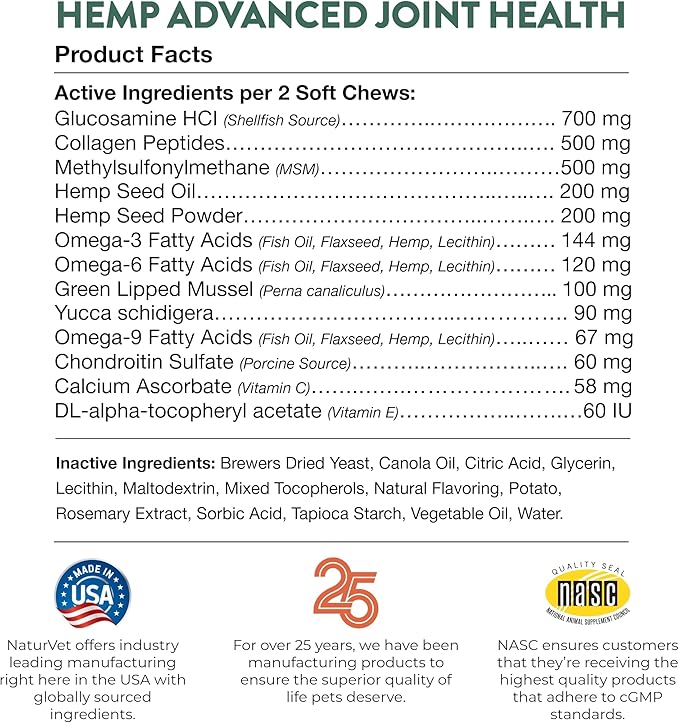 NaturVet Hemp Advanced Joint Health Dog Supplement Soft Chews –Helps Support Joint Health in Dogs – Includes Hemp Seed, Collagen, Glucosamine, MSM, Chondroitin, Omegas – 120 Ct.