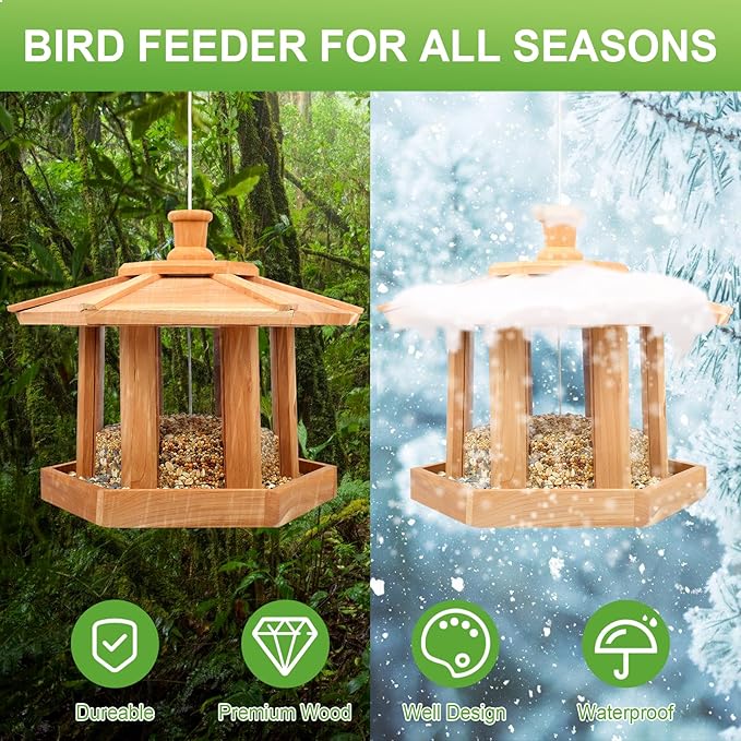 Wooden Bird Feeder for Outdoors Hanging, Red Cedar Hexagon Shaped Large Capacity, Cardinal Birdfeeder for Garden Decoration Yard, Weatherproof and Durable(Large)