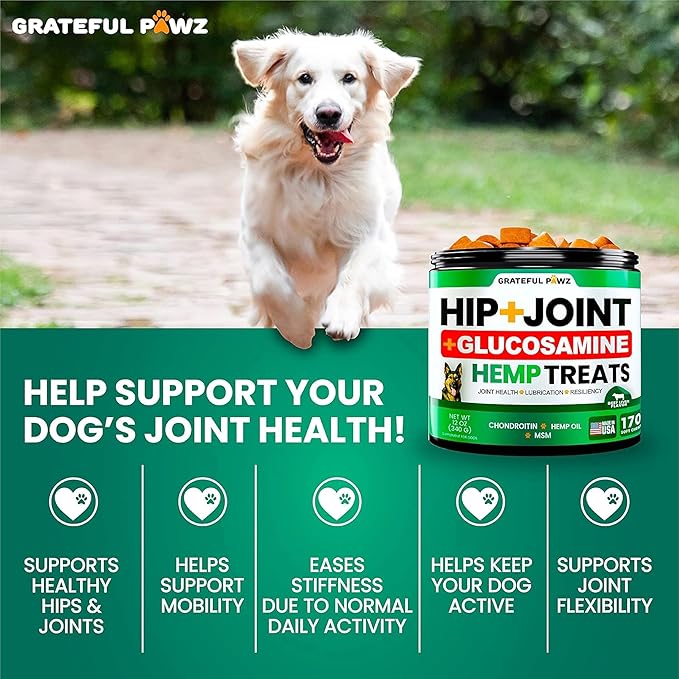 Grateful Pawz Hemp Hip and Joint Supplement for Dogs - Glucosamine for Dogs - 170 Joint Pain Relief Treats - Chondroitin, MSM - Advanced Health Supplement - Beef Liver Flavor - Made in USA