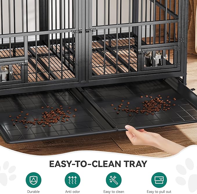 YITAHOME 42.5'' Heavy Duty Dog Crate with Removable Divider, Double Doors & Locks Design, Furniture Style Large Dog Crate with 360° Rotatable Dog Bowls & 360° Wheels & 2 Trays for Small/Medium Dog