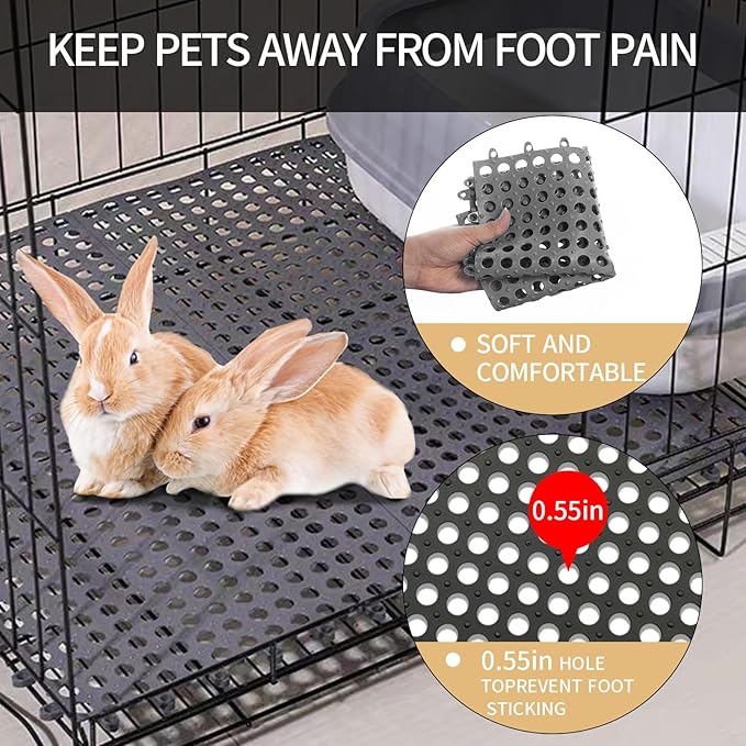 Rabbit Cage Mat Floor 24 Pcs Plastic Bunny Resting Mats for Wire Cage Bottom 12x12 Washable Small Animal Feet Pad with Holes for Chinchilla Ferret Guinea Pig Easy to Cut and Splice (Grey)