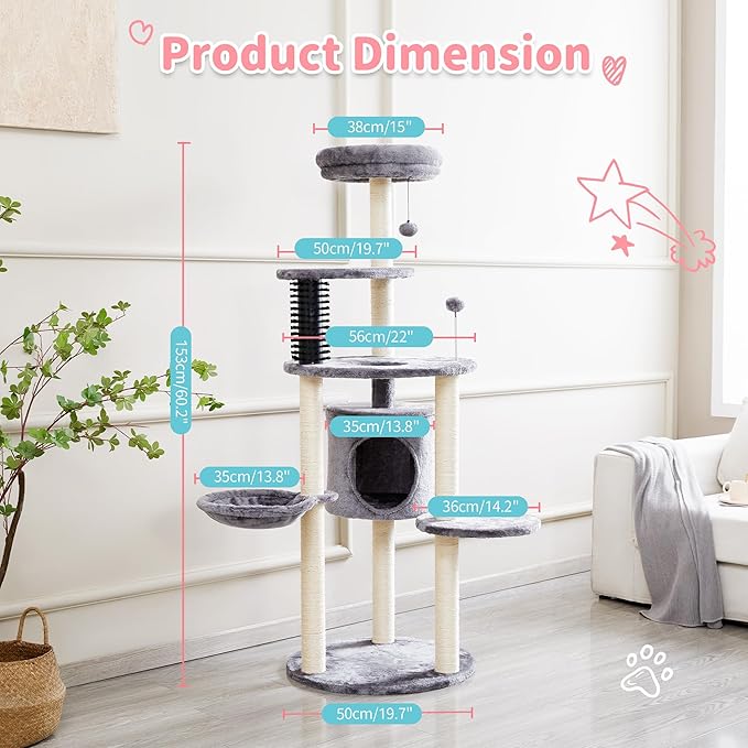 MADE 4 PETS Cat Tree for Indoor Cats, 60.2 inch Tall, 5-Level, Modern, Grey, Sisal Scratch Posts, Cat Condo with Hammock, Cat Tower for Large Breeds