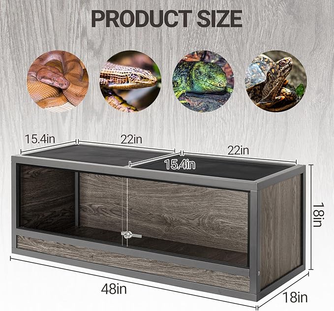 68 Gallon Bearded Dragon Reptile Enclosure, 48x18x18 inch Reptile Tank for Ball Python Snake Gecko, Light Weight Wooden Terrarium with Sliding Door & Top Screen Ventilation