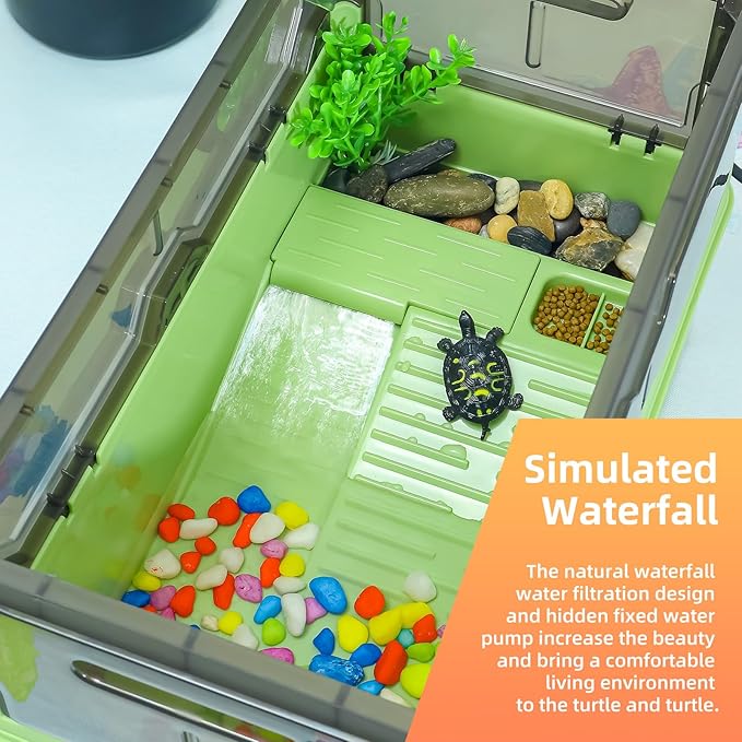 Turtle Habitat Tank Kit– Fresh Filtration, Waterplay Fun, Diverse Living, Heat Lamp, Water Pump and Convenient Water Changes in Tanks Habitat Kits Turtle cage (Green, Medium)