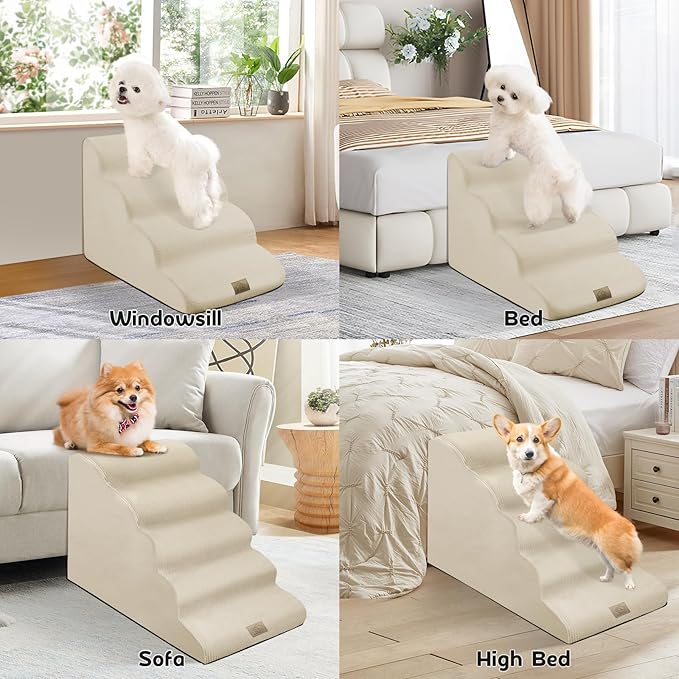 Mestuel 23in High Dogs Stairs, Foam Large Dogs Stairs for High Bed, Dog Stairs for Large Dogs, 5 Steps Dog Ramp to High Couch Sofa Bed Indoor with Gentle Slope& Nonslip Bottom, Lint Roller Set, Beige