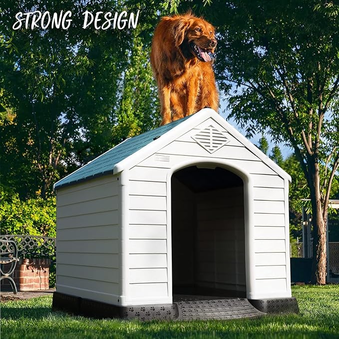 PUKAMI Plastic Outdoor Indoor,Durable Dog House for Small Medium Large Dogs,Waterproof, with Elevated Floor and Air Vents,Ventilate & Easy Clean and Assemble(Blue, 34inch)