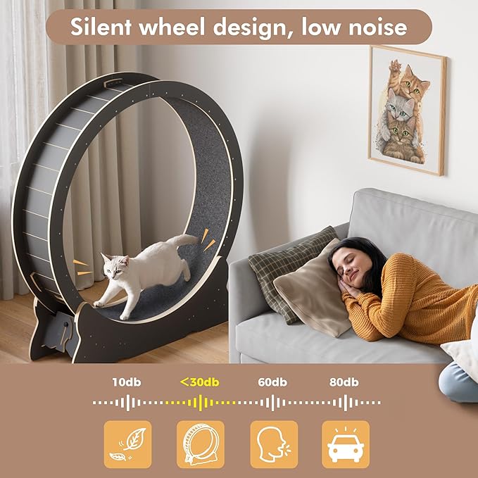 Cat Exercise Wheel, 43.3 inch Cat Wheel for Indoor Cats with Carpeted Runway, XL Cat Treadmill with Removable Carpet and Cat Teaser, for Running Walking Training (Black)