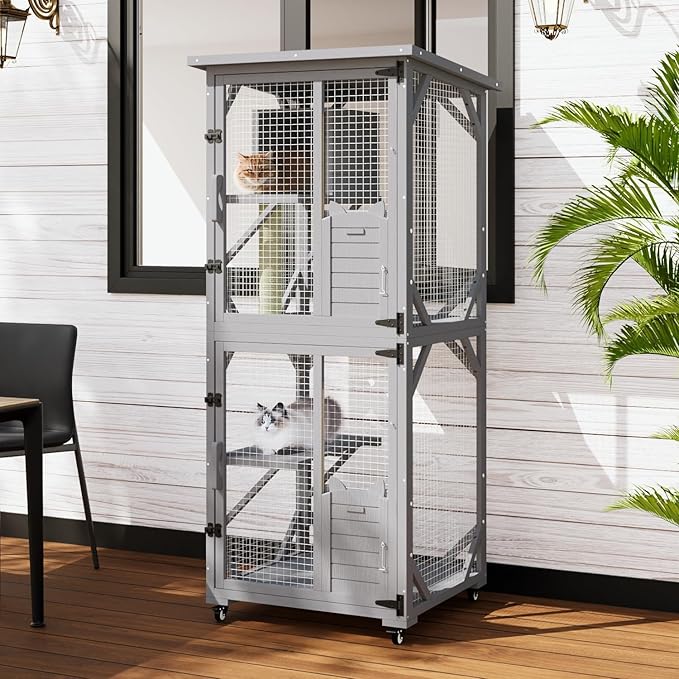 LEMBERI 71" Cat House Outdoor Catio Cat Enclosures on Wheels, Large Outside Patio Wooden Cat Cage Resting Box,Scratching Post, Waterproof Roof (Gray)