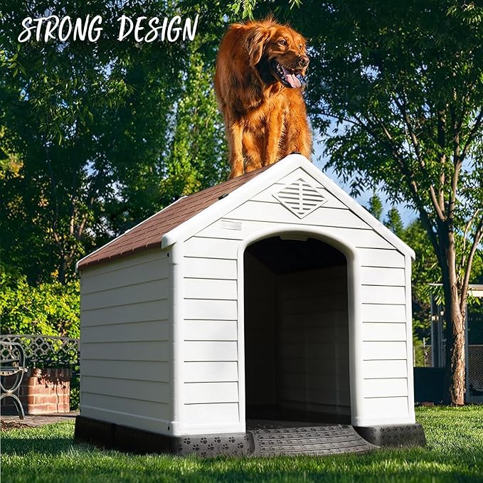 PUKAMI Plastic Dog House Outdoor Indoor for Small to Large Sized Dogs,Durable Waterproof Puppy Shelter with Elevated Floor and Air Vents,Ventilate & Easy Clean and Assemble (Brown, 42inch)