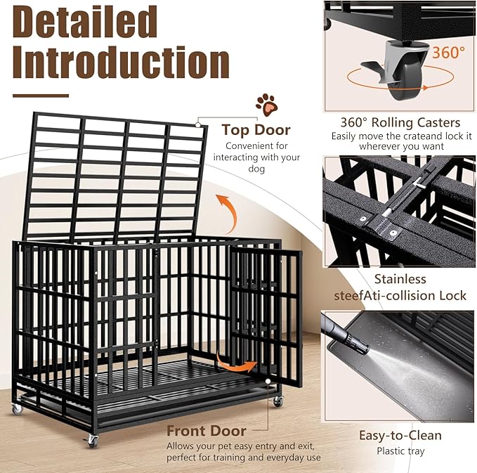 48 Inch Heavy Duty Dog Crate Kennel with Wheels, High Anxiety Indestructible Dog Crates for Large Dogs, XL XXL Extra Large Dog Crate with Removable Plastic Tray, Two Locks (Black, Square)