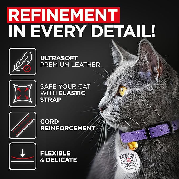 Leather Cat Collar with Bell and Safety Elastic Strap Breakaway Alternative for Small & Large Kittens, Stylish Pet Leather Collar for Boy, Girl Cats with Metal Buckle & QR ID Tag (Purple)
