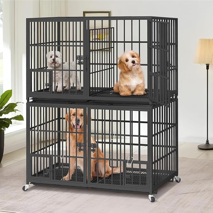42 inch Stackable Heavy Duty Dog Crate with Open Top,Metal Double Dog Cage for 4 Dogs/Medium Dog,Dog Kennel Indoor with Wheels,Removable Trays, Divider