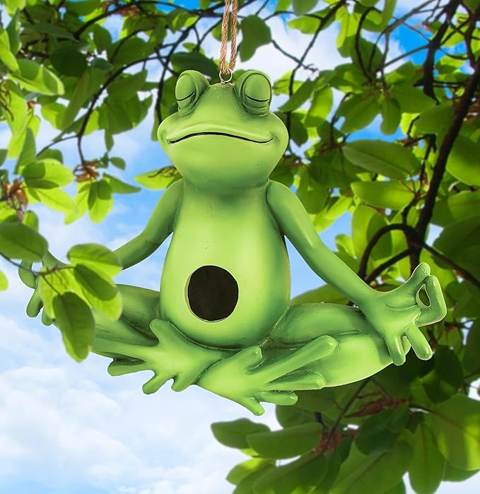 Spoontiques - Birdhouse - Garden Décor - Decorative Bird House for Yard and Garden Decoration - Hanging Novelty for Outdoor Patio - Yoga Frog
