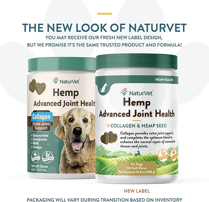 NaturVet Hemp Advanced Joint Health Dog Supplement Soft Chews –Helps Support Joint Health in Dogs – Includes Hemp Seed, Collagen, Glucosamine, MSM, Chondroitin, Omegas – 120 Ct.